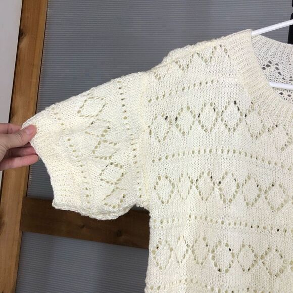 HANDMADE Cream Crochet Knit Short Sleeve Sweater Sz M - Picture 4 of 6